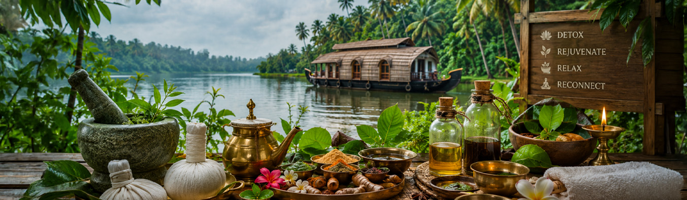 Ayurveda in Kerala wellness retreat with Kerala backwaters, herbal oils, houseboat, monsoon healing, and Ayurvedic spa therapies