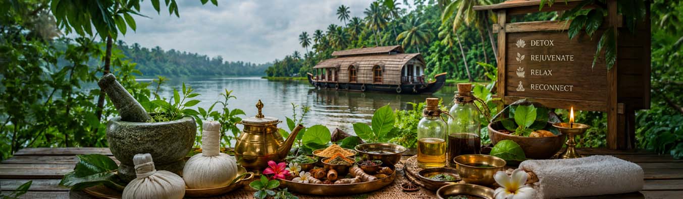 Ayurveda in Kerala wellness retreat with Kerala backwaters, herbal oils, houseboat, monsoon healing, and Ayurvedic spa therapies