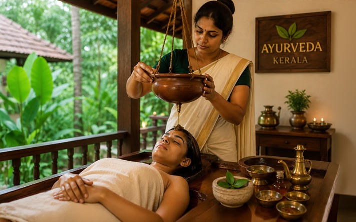 Kerala Ayurveda massage therapy during monsoon with herbal oil treatment and scenic backwater wellness retreat.